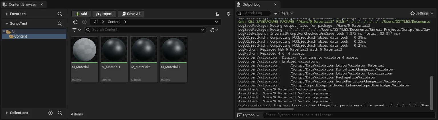 UE Materials & Python Console