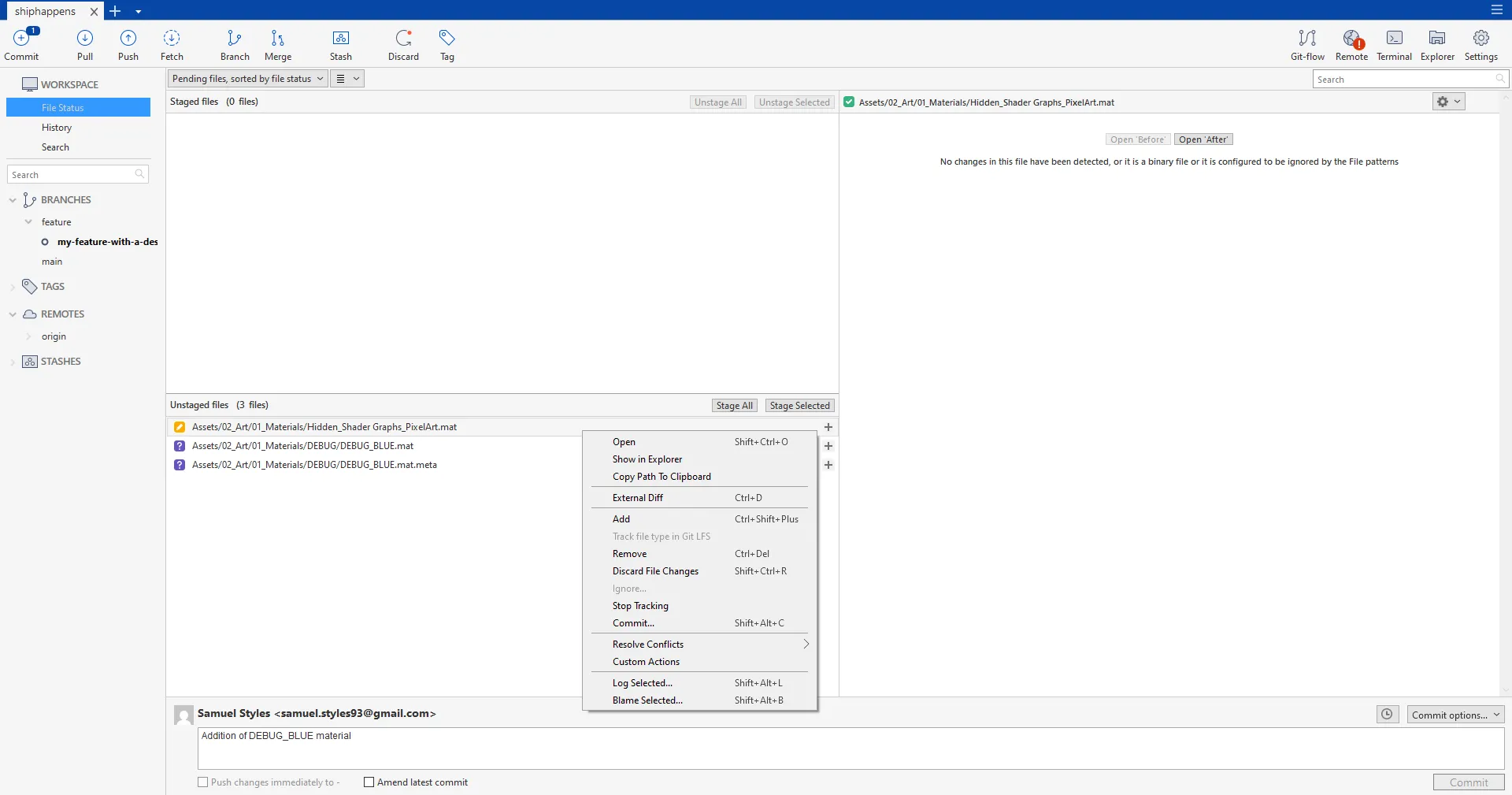 SourceTree commit view with staged and unstaged files