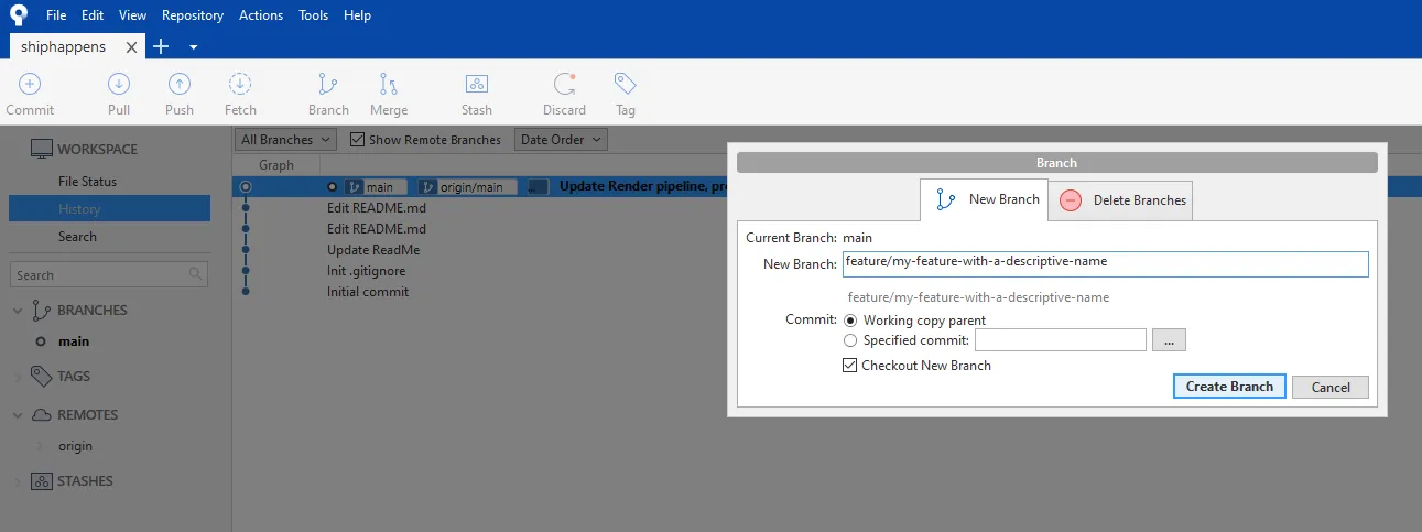 SourceTree Create Branch dialog