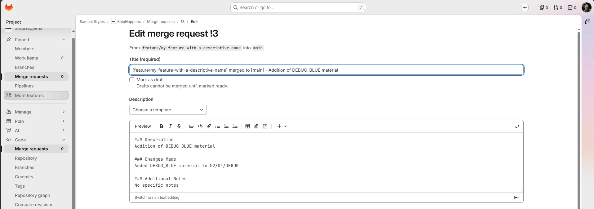GitLab Merge Request description form