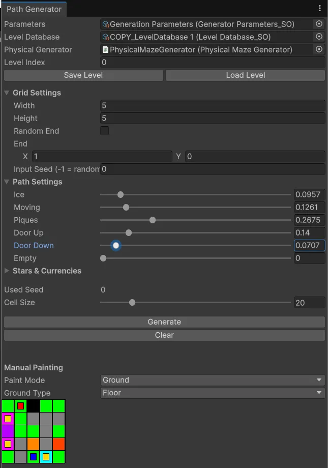 PathGeneratorWindow showing the live grid preview and hazard sliders
