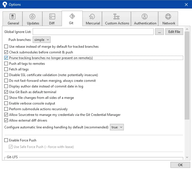 SourceTree Prune tracking branches setting